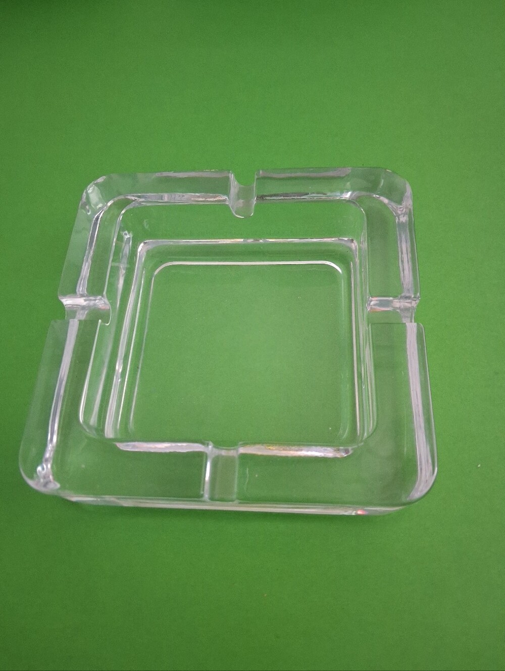 Heavy clear glass square ashtray with four cigarette rests classic simple design
